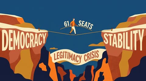 A figure on a tightrope between cliffs labeled Democracy and Stability, carrying a bending pole marked 61 Seats, over a chasm labeled Legitimacy Crisis.