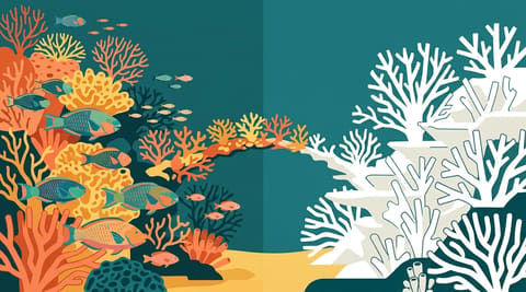Split coral reef showing vibrant diverse ecosystem on left connecting via thin bridge to bleached uniform coral on right, representing Arab parties' pivotal but fragile bridging role in Israeli coalition arithmetic