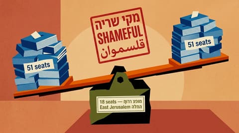 A balance scale with two equal stacks of ballot boxes labeled 51 seats each, stuck on a fulcrum of a smaller green-and-black box labeled 18 seats East Jerusalem. A red stamp hovers reading SHAMEFUL in Hebrew and Arabic.