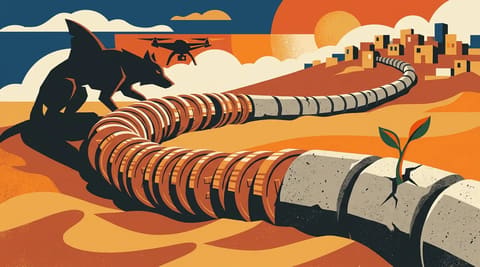 A curved concrete spine made of stacked coins stretches across sand. A shadowy predator watches from one side. A green plant sprouts from a crack in the spine. The spine continues toward geometric block shapes representing settlements.