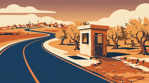 A concrete checkpoint booth in an olive grove with welded-open gate, new roads leading to a hilltop settlement, and a severed village road.