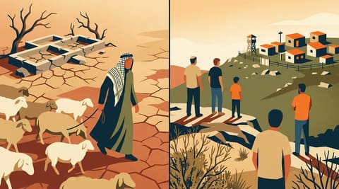A Palestinian shepherd departs a waterless pasture as settlers observe from a hill near a growing outpost, symbolizing displacement through environmental pressure and presence.