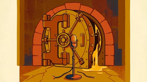 An iron vault door slightly open with golden oil seeping out, a microphone with a cut cord lying in front of it, in warm ochre and rust tones.