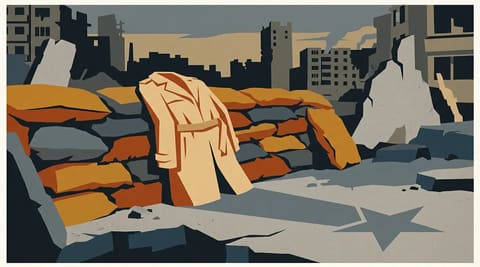 A beige trench coat hangs on a sandbag barricade in a desolate gray landscape, its shadow forming a sharp Kremlin star shape on the ground.