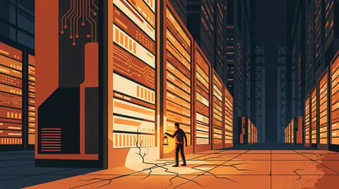 A lone figure with a lantern stands beside a towering server rack; cracks spread across the floor tiles beneath it, symbolizing hidden structural risk after expertise departs.