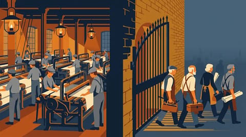 A split textile mill: modern power looms with young uniform workers on one side, an iron gate closing on older artisans with toolboxes walking away on the other.