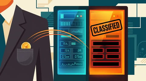 Server rack divided between transparent commercial side with visible energy metrics and opaque classified side with redacted meters, a coin moving from dark side to corporate pocket