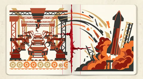 A split ledger page showing a car factory on one side and a rocket explosion on the other, with red ink bleeding across the dividing line.