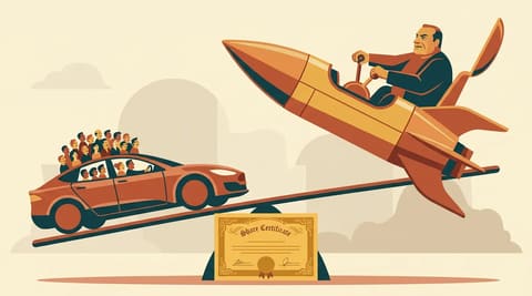 Seesaw with an electric car carrying many small figures on one side and a rocket with one large figure at the controls on the other, balanced on a golden share certificate.