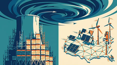 Split scene contrasting a nuclear plant frozen in decades-long construction against rapidly deploying renewable modules across a continental grid, both threatened by a polar vortex