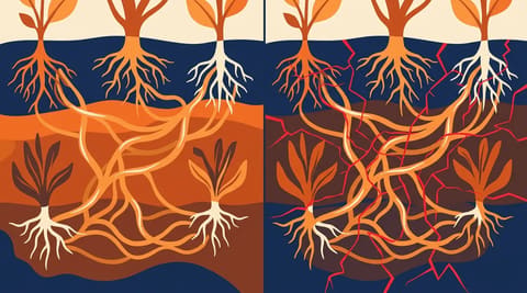 A mycorrhizal fungal network in soil, partly intertwined with jagged red lines suggesting both connection and risk.