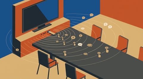 A USB drive plugged into a conference room TV port emits ripples shaped like silencing gestures—fingers to lips, zipped mouths—representing the chilling effect of suspected surveillance.