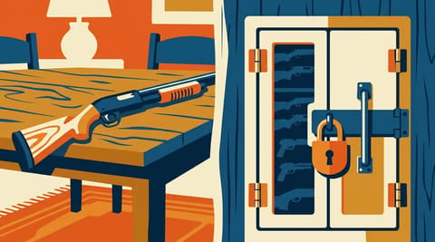 A shotgun lies unlocked on a table while a padlocked gun cabinet stands nearby, contrasting access and security.