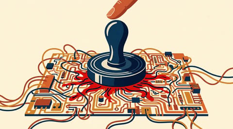 A rubber stamp labeled RESPONSIBLE AI presses onto a messy circuit board leaking red ink, while a human finger hovers hesitantly above the stamp.