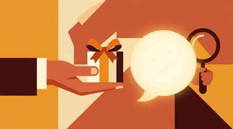 A hand offers a bow to a glowing speech bubble that hides a magnifying glass behind its back.