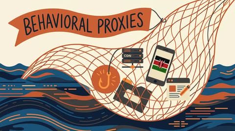 A net labeled behavioral proxies catches a phishing hook, a CDN server, a Kenyan mobile phone, and a small blog icon together, showing how broad suspension rules catch legitimate users alongside threats.