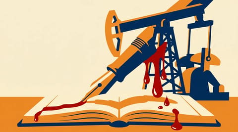 An oil derrick shaped like a fountain pen dripping red ink onto a small ledger labeled UK Carbon Budget, illustrating the scale mismatch between Rosebank's emissions and the national carbon allowance.