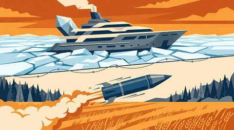 An oligarch's frozen yacht connected by a wire to an artillery shell in flight, symbolizing the debate over whether waiver profits fund peace or war