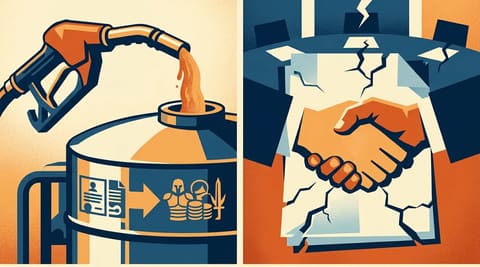 A gas pump pouring relief funds into a Russian war tank, contrasted with a broken diplomatic handshake over a ceasefire document.