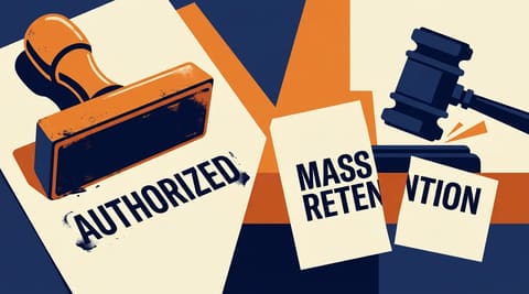 A rubber stamp smudging 'AUTHORIZED' on one side, a gavel cleanly splitting a document labeled 'MASS RETENTION' on the other, in warm flat colors.