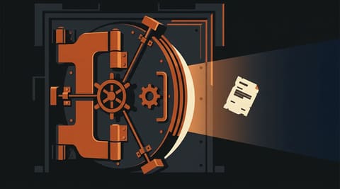 A heavy vault door slightly open with a beam of light revealing a document inside, symbolizing a secret court ruling the government won't release.