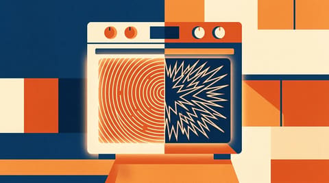 A smart oven divided down the middle; one half shows orderly concentric rings representing controlled thermal cycling, the other half shows jagged spreading lines representing uncontrolled AI replication, in warm amber and terracotta tones.