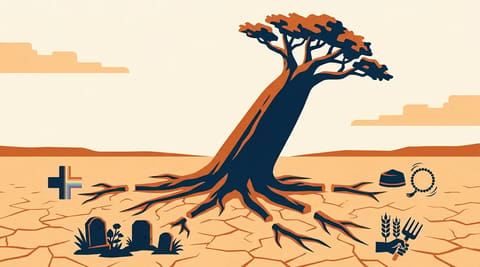 A baobab tree with severed roots labeled for different community groups, symbolizing how targeting one voluntary network threatens all civic associations.