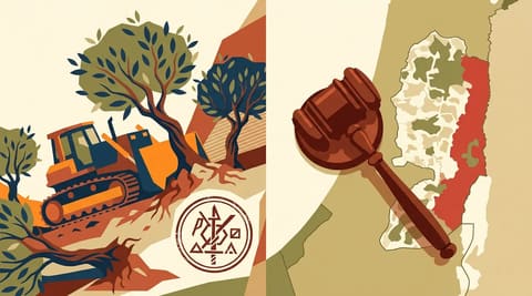 A bulldozer destroying olive trees labeled with a military order, and a gavel on a map highlighting Area C, symbolizing legal labels enabling territorial control.