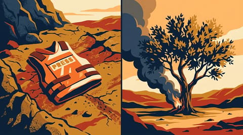 A marked press vest in the dirt and a burning olive tree, symbolizing the attack on press and harvesters