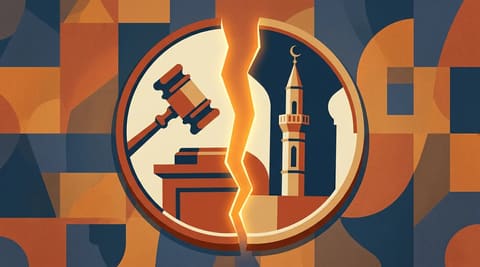 A split shekel coin with a Knesset gavel on one half and a mosque minaret on the other, glowing amber light in the crack between them