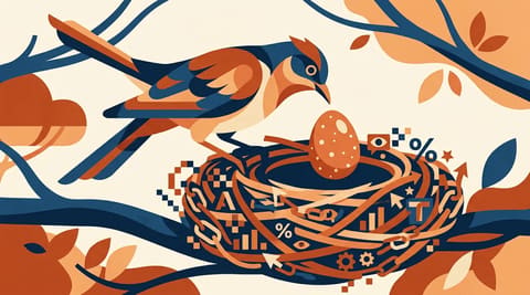 A cuckoo bird laying an egg in a nest composed of digital ad symbols, representing zero-click spyware hidden in targeted ads