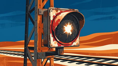 A railway signal with a cracked red lens revealing a blank white screen behind it, symbolising a signalling system failure where the stop command disappears.