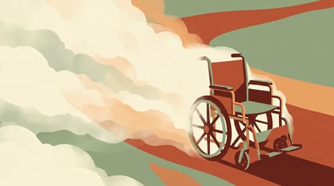 An empty wheelchair at the edge of a foggy field, representing a youth who has vanished from support systems