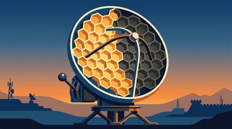 Satellite dish as a bee hive with golden and gray honeycomb cells and a throttle lever, representing bandwidth allocation between air defense and strike drones.