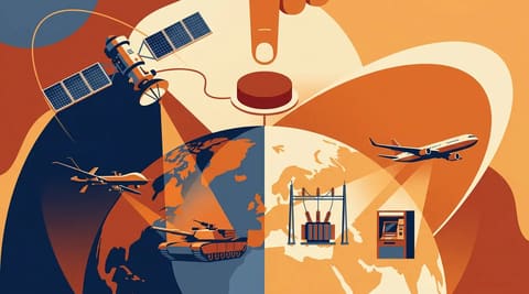 A satellite beams signals to both military and civilian targets on a split globe, while a finger hovers over a disconnect button wired to the satellite.