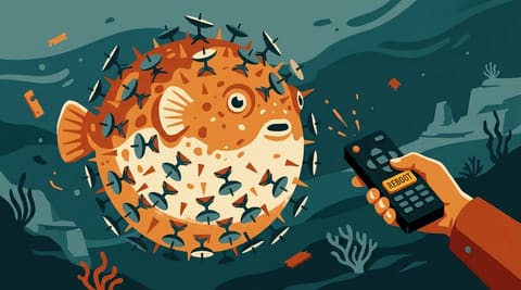 An inflated pufferfish covered in satellite dishes floats in dark water while a hand holds a remote control pointed at it, symbolizing Ukraine's dependency on Starlink and Musk's control over access.