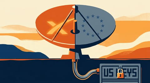 A satellite dish divided between SpaceX and EU markings, both plugged into the same cable leading to a locked rack labeled US KEYS, symbolizing shared hardware dependence despite governance labels.