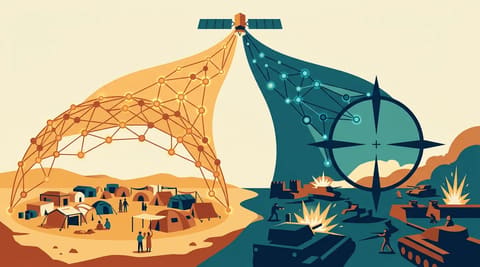 A satellite dividing into two visual paths: one forming a protective dome over a camp, the other forming a targeting reticle over a battlefield, illustrating the dual-use tension of Starlink in wartime.