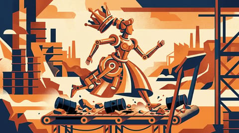 A stylized Red Queen chess piece constructed from centrifuge parts runs on a treadmill made of rubble and oil barrels, symbolizing Iran's nuclear program adapting to strikes while energy infrastructure burns