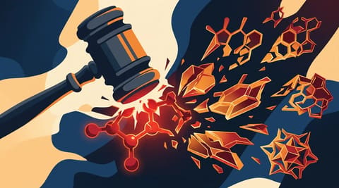 A molecular structure breaking into increasingly sharp and complex variants under a gavel, each fragment glowing brighter red to represent escalating potency