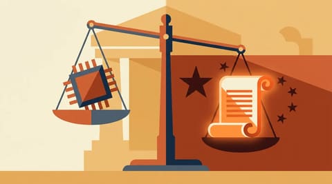 Balance scales showing a microchip on one side and a glowing scroll on the other, with a shadow falling only on the scroll side, symbolizing unequal scrutiny.