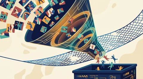 A funnel-shaped algorithm consumes colorful video content at the top; children slip through a cracked safety net at the bottom into a bin labeled ad inventory.