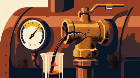 A brass pressure-relief valve on an industrial boiler releasing diesel into a marked measuring cylinder, symbolizing calibrated sanctions pressure.