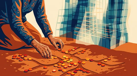 Grandmother's hands arranging bottle caps into evacuation map on dirt floor, with translucent corporate tower fading behind like a mirage