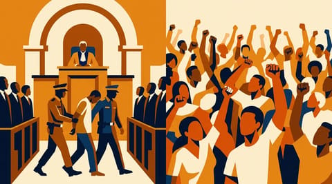 A courtroom scene on one side and a cheering crowd on the other, illustrating the tension between state repression and public approval in anti-LGBTQ+ crackdowns.