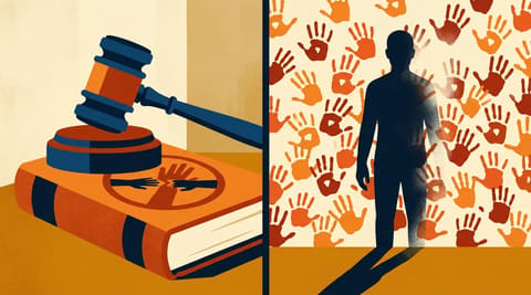 A split image showing a Ugandan legal gavel on one side and a fading human shadow on a wall of handprints on the other, representing legal punishment and social erasure.