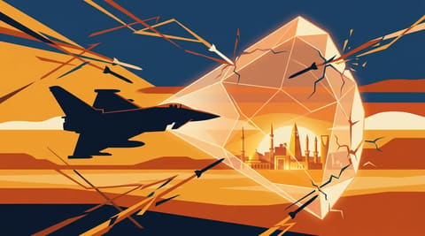 RAF Typhoon jet projecting a cracked geometric shield over a Saudi city, with missile trails approaching from outside and leaking through the shield's fractured edges labeled with shifting definitions.