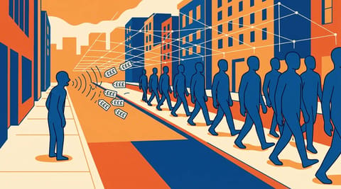 A city street with identical grey figures marching in orderly rows on one side, and a single paused figure on the other whose voice dissolves into price tags, under a faint grid of motion-sensor lines that only capture the marchers.