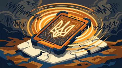A soldier's tablet with a Ukrainian trident symbol on its circuit board emits signal rings that push back a dark jamming cloud, resting on a crushed Starlink terminal.