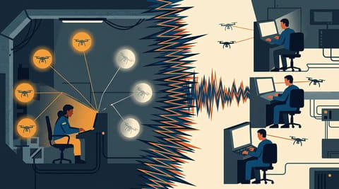 Two drone control stations separated by a barrier of electronic warfare static; one Ukrainian operator managing six drones, three Russian operators in shifts managing two each, with several drones fading away due to jamming.